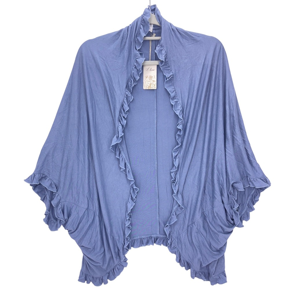 L Love Blue Ruffle Trim Open Front Cardigan S Dolman Sleeve Lightweight Wrap
